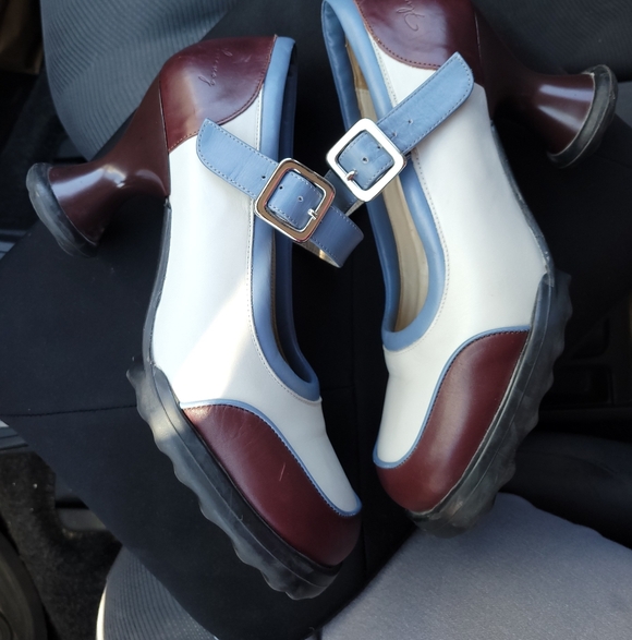 John Fluevog Shoes - John Fluevog Cream, Light Blue & Burgundy Mary Jane Heels